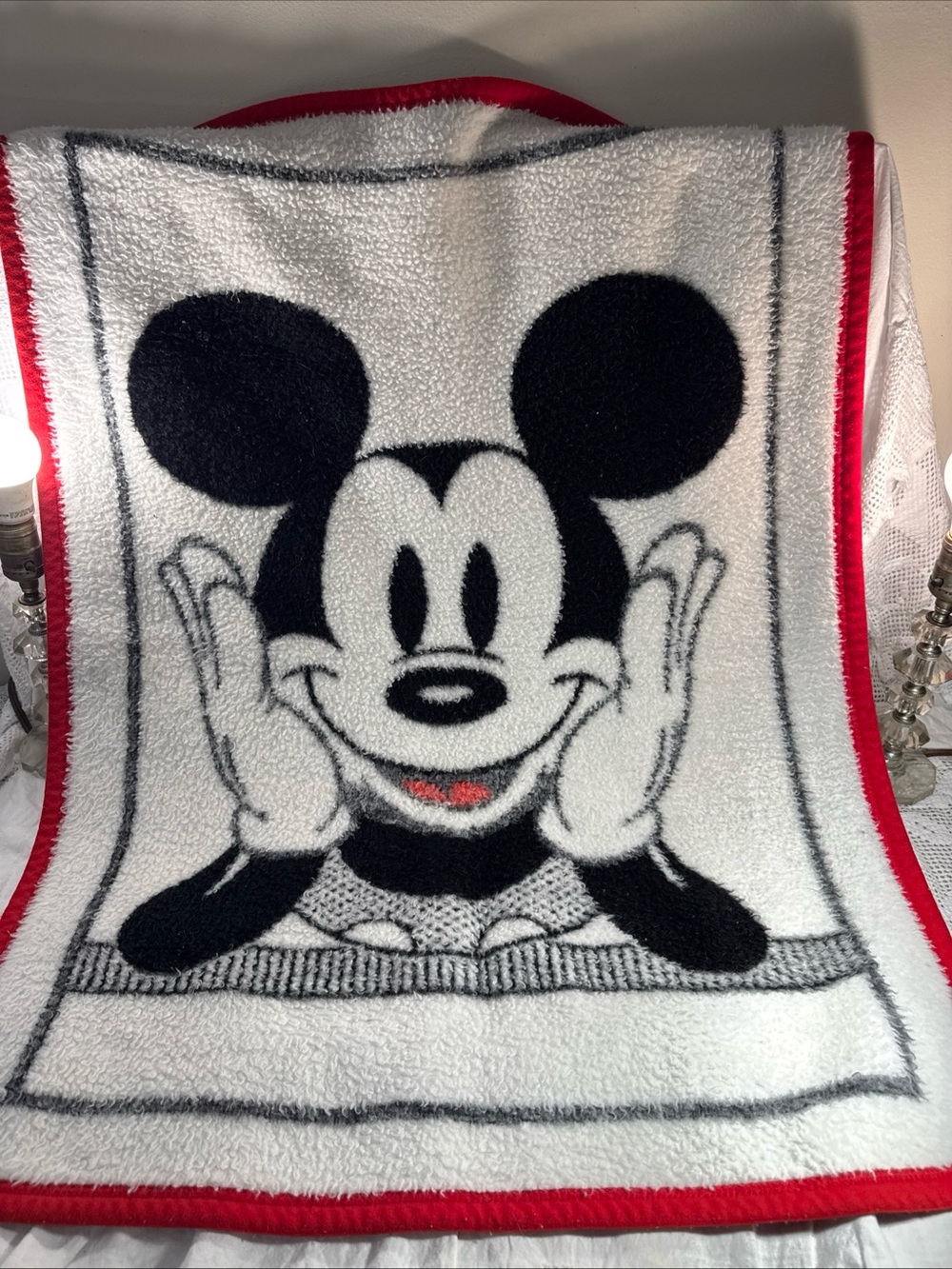 Vintage Reversible Mickey Mouse Sherpa Crib Size Throw Blanket -